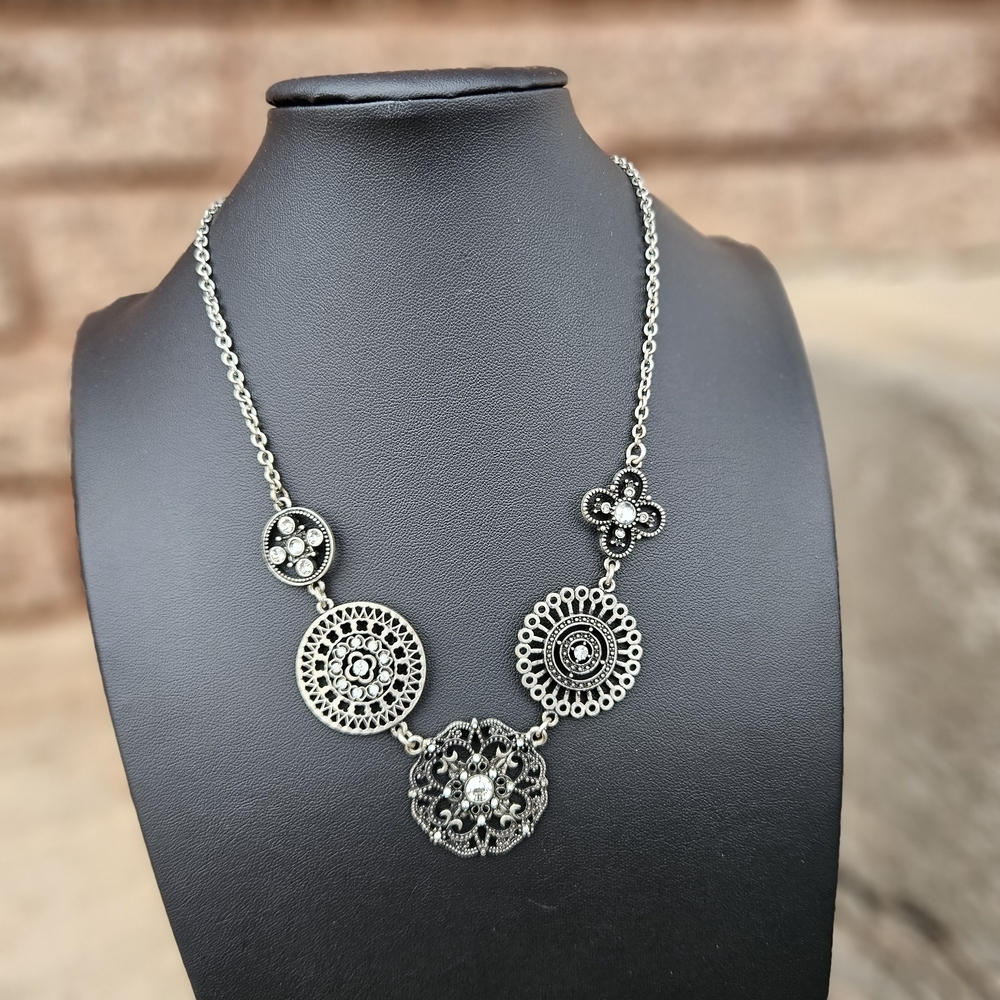 Maurices NWT Silver and Black Circle Medallion Statement Necklace Boho Jewelry